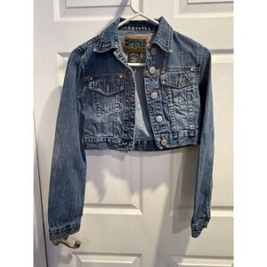 Paris Angel Cropped Denim Jacket Medium Wash Blue Y2K Trucker Size S